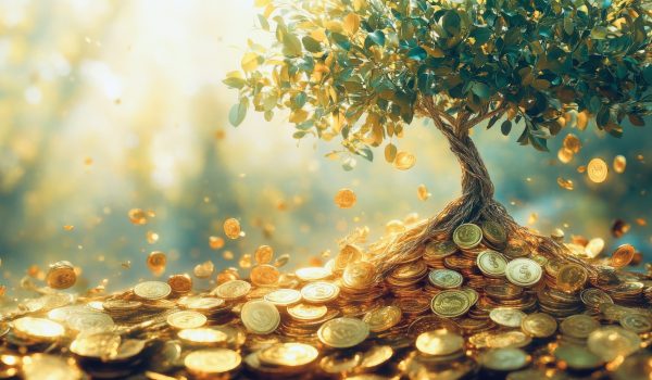 A vibrant, hyperrealistic illustration depicting a healthy, thriving plant sprouting from a stack of gleaming gold coins, its roots delicately intertwining with the coins. The plant is lush and green, possibly a money tree or a similar symbolic plant, with bright, healthy leaves reaching towards a soft, sunlight-drenched sky. The coins should be highly detailed, showing individual engravings and reflecting light realistically. The overall style should be clean, modern, and optimistic, conveying a sense of growth, prosperity --ar 16:9 --style raw --stylize 250 --v 6.1 Job ID: 937bff78-6408-4aa8-a591-c2c87a262741