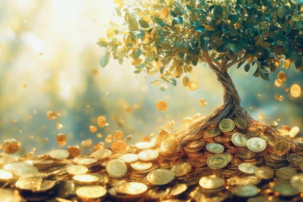 A vibrant, hyperrealistic illustration depicting a healthy, thriving plant sprouting from a stack of gleaming gold coins, its roots delicately intertwining with the coins. The plant is lush and green, possibly a money tree or a similar symbolic plant, with bright, healthy leaves reaching towards a soft, sunlight-drenched sky. The coins should be highly detailed, showing individual engravings and reflecting light realistically. The overall style should be clean, modern, and optimistic, conveying a sense of growth, prosperity --ar 16:9 --style raw --stylize 250 --v 6.1 Job ID: 937bff78-6408-4aa8-a591-c2c87a262741