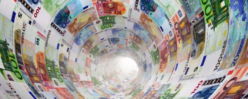 Tunnel of Euro banknotes towards light. The currency, money concepts for way to success, profit, banking etc.