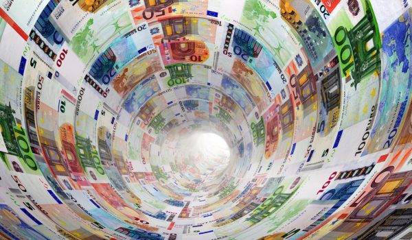 Tunnel of Euro banknotes towards light. The currency, money concepts for way to success, profit, banking etc.