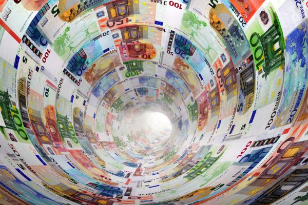 Tunnel of Euro banknotes towards light. The currency, money concepts for way to success, profit, banking etc.